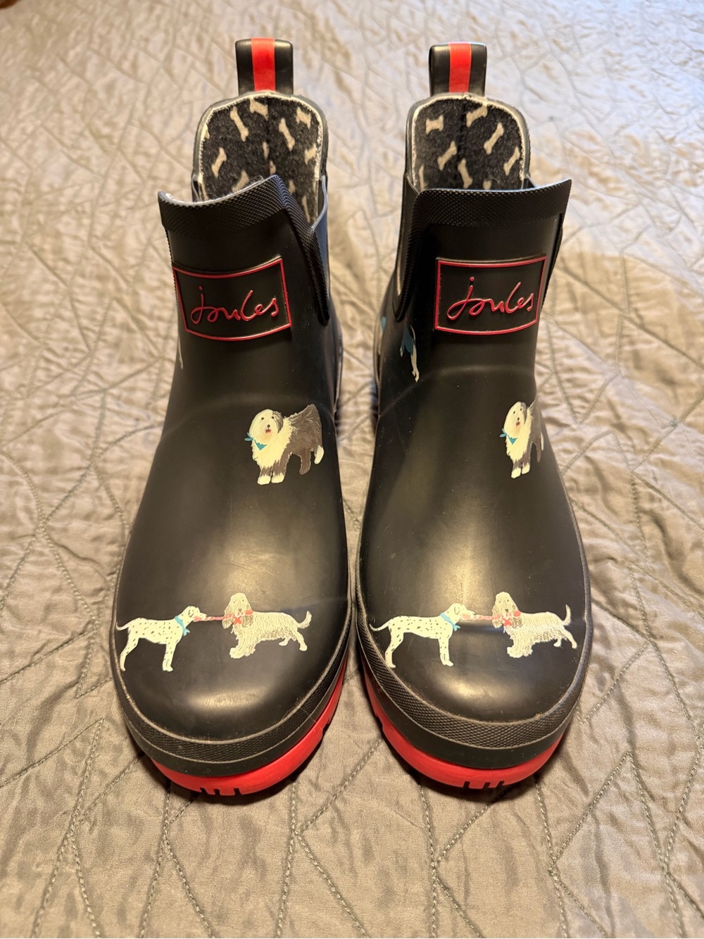 Joules Navy Blue Wellibob Rain Boots with Pink Trim and Dog Print